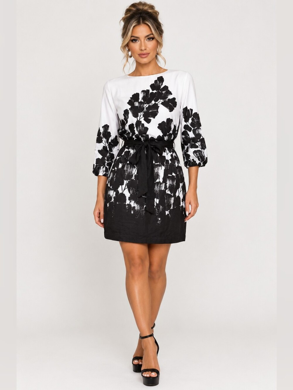 WHBM Blouson Sleeve Leaf Print Chiffon Casual Dress